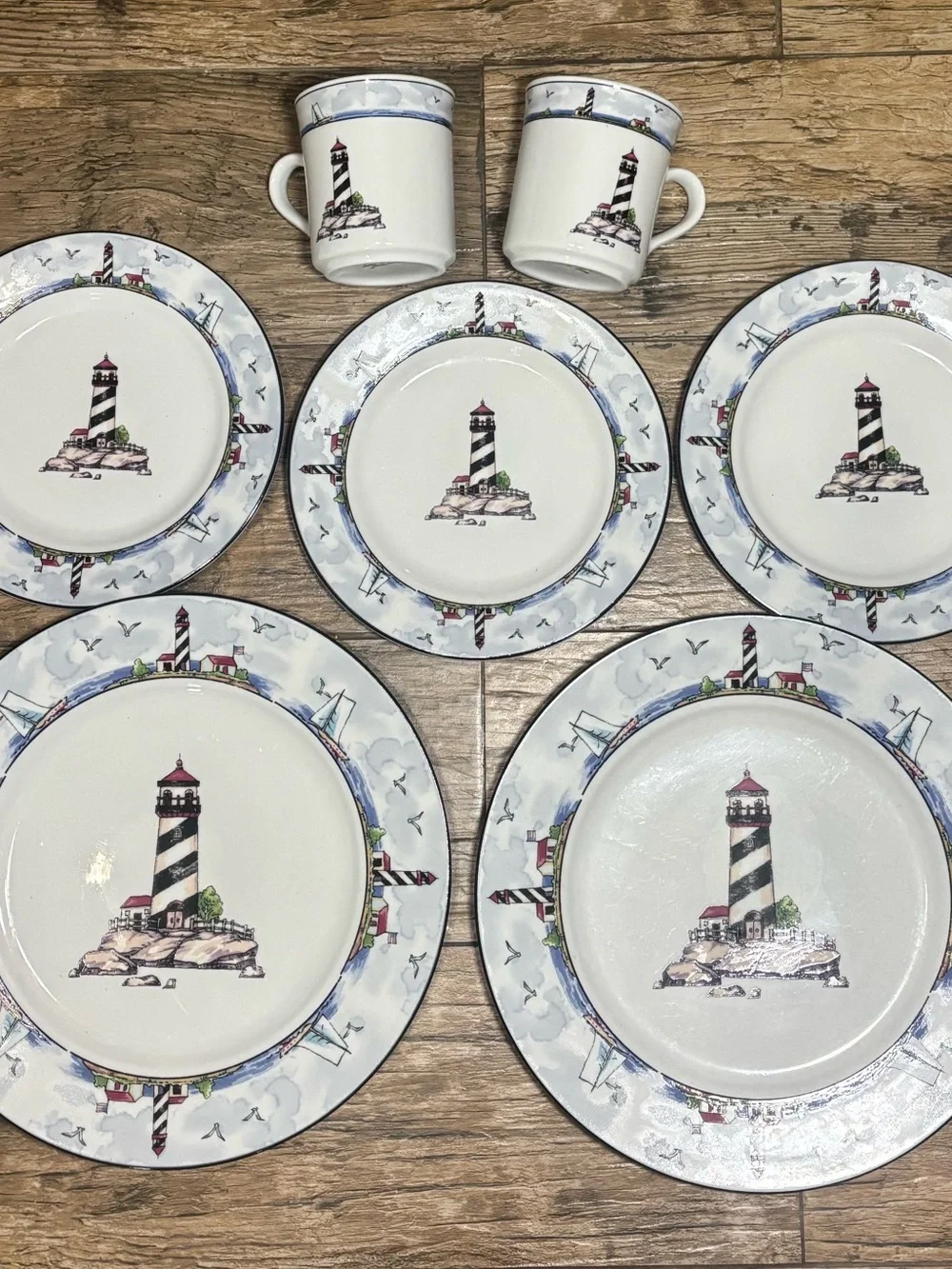 Nautical Lighthouse Dinnerware Set - White with Black & Red Accent